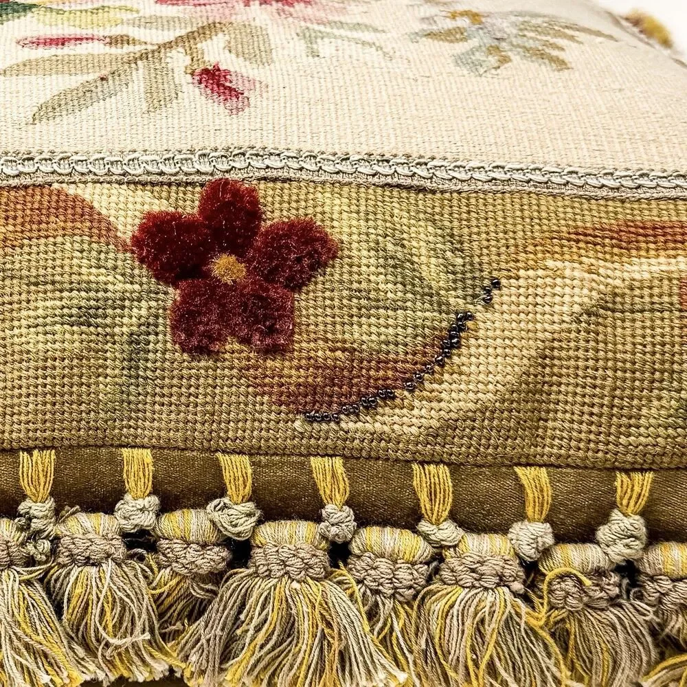 Vintage 18” Aubusson Floral Petit Point Needlepoint Beaded Tassel Throw Pillow